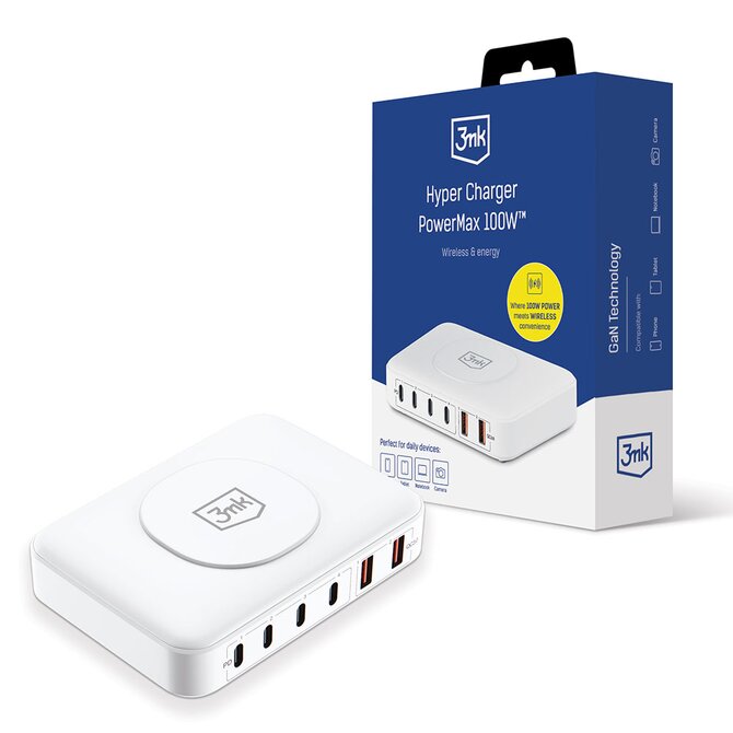 síťová nabíječka - Hyper Charger PowerMax 100W, GaN 4x USB-C (PD) / 2x USB, bílá