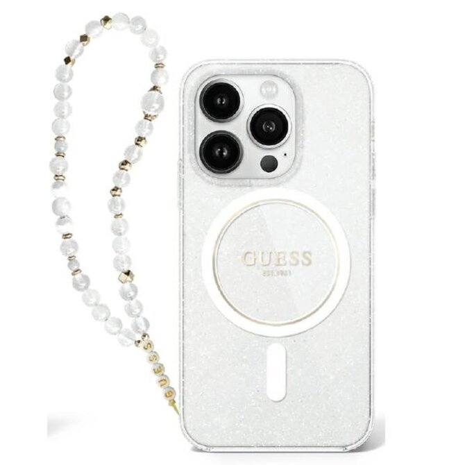 Originální kryt GUESS IML Glitter with Pearl Strap Magsafe GUHMP16XHGCRELST for Apple iPhone 16 Pro Max , barva čirá