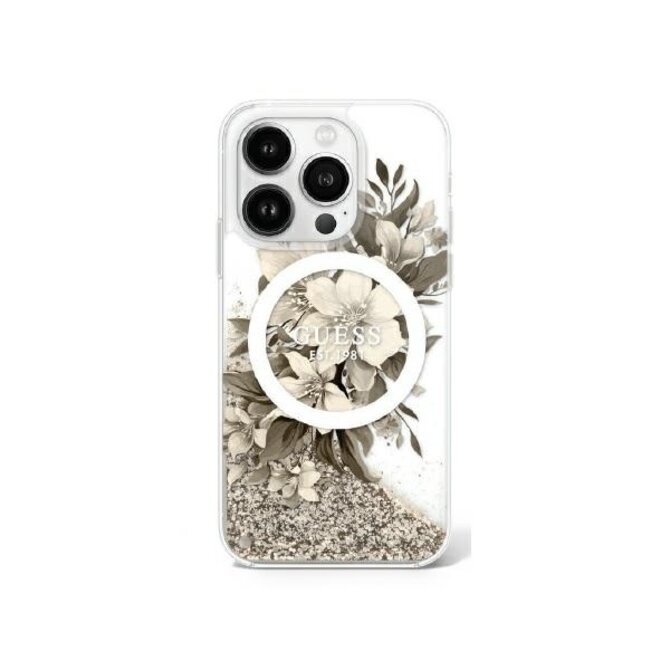 Originální kryt GUESS Liquid Glitter Flower Magsafe GUHMP16LLFMWTE for Apple iPhone 16 Pro beige