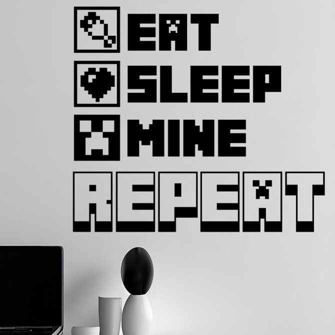 VÝPRODEJ Samolepka Minecraft s nápisem Eat, Sleep, Mine, Repeat